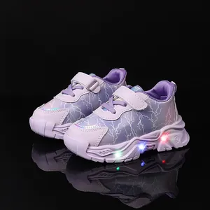 Scarpe sportive con luci LED per bambine viola con motivi a fulmine e chiusura a strappo