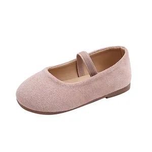 Pink suede Mary Jane flats for girls with elastic strap and classic round toe design