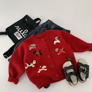 Cardigan in Maglia per Bambini con Cane Cartone Animato Maglione Rosso Manica Lunga Girocollo con Bottoni Invernale