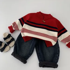Kids striped knit sweater with zipper and fleece denim jeans winter clothing set