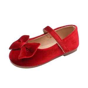 Rode fluwelen Mary Jane schoenen voor meisjes met grote strik en antislip rubberen zool