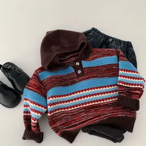 Kids striped hooded knitted sweater with colorful horizontal patterns for winter