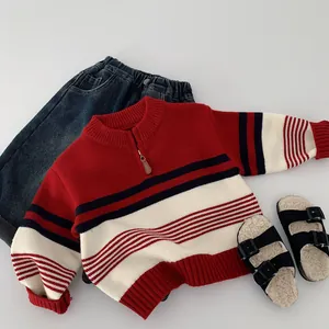 Kids red and navy striped knit sweater with zipper collar and matching denim pants
