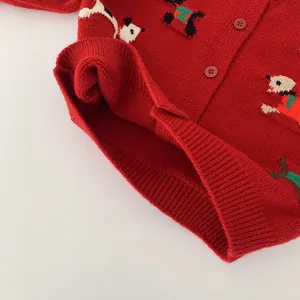 Cardigan in maglia rossa per bambini con jacquard cane cartone e orlo a coste