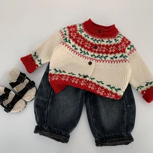 Toddler festive knit cardigan with snowflake pattern and fleece lined denim jeans set
