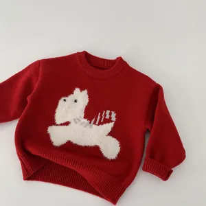 Red kids knit sweater with a white Westie puppy jacquard pattern and ribbed cuffs