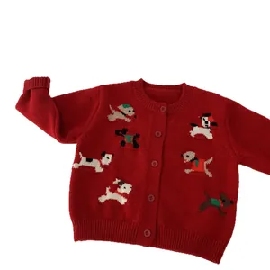 Cardigan in maglia rossa per bambini con graziosi motivi a forma di cane e bottoni