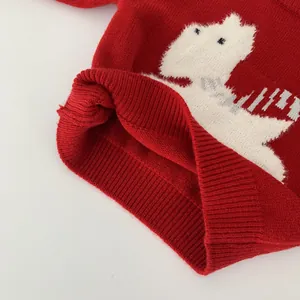 Kids red jacquard knit sweater featuring a white cartoon dog pattern and ribbed hem