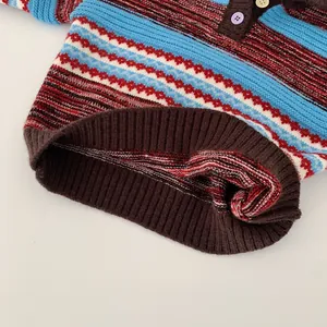 Kids vintage striped knit polo sweater with colorful patterns and button detail