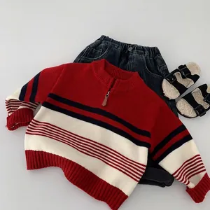 Kids Stripe Sweater 1/4 Zipper Pullover Red White Navy Blue Knitted Warm Winter Top For Boys Girls Children Fashion Knitwear