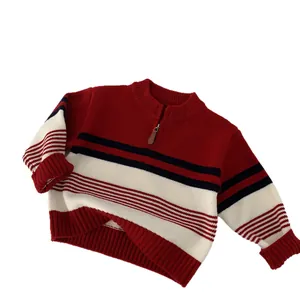 Kids navy and red striped knit sweater with half-zip collar and ribbed cuffs