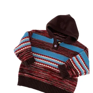 Children's hooded knit sweater with colorful striped patterns and buttoned collar