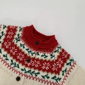 Macro detail of festive snowflake jacquard pattern on a knitted winter kids cardigan
