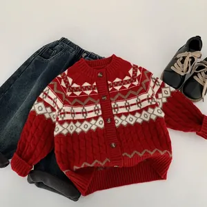 Kids Retro Red Knitted Cardigan Sweater Long Sleeve Button Down Fair Isle Pattern Nordic Style Warm Winter Clothing