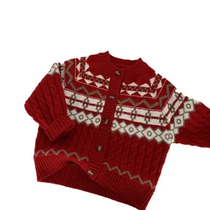Classic red knit cardigan for boys with Fair Isle pattern and cable knit details