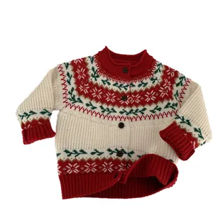 Children's Fair Isle snowflake knit cardigan in festive red and white for winter