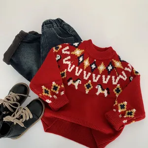 Maglia in maglia rossa con motivo pony, jeans foderati in pile e stivali in pelle bimbo