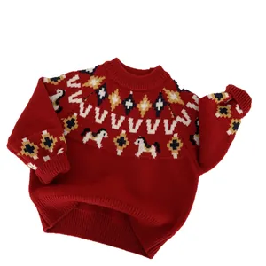 Maglione natalizio in maglia rossa per bambini con motivi Fair Isle e cavallo bianco