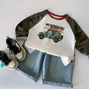 Kids long sleeve raglan t-shirt with camo sleeves and denim shorts fashion set