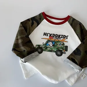 Kids long sleeve raglan t-shirt with camo sleeves and cartoon dog driving off-road car