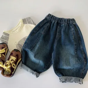 Pantaloni in Denim Larghi per Bambini Misto Cotone Jeans Blu Lavato Con Fascia Elastica in Vita per Bambini Ragazzi Ragazze Pantaloni Casual Stile Harem