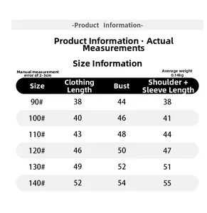Detailed size chart for kids' shirt including length, chest, and sleeve measurements