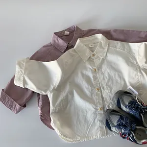Minimalist boys short sleeve cotton shirts in off-white and purple with sneakers
