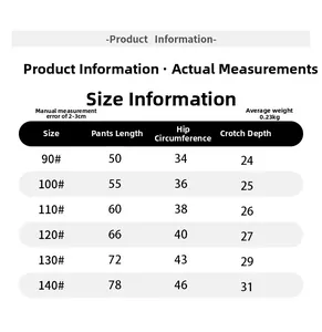 Size chart table for boys' clothing showing measurements for lengths, hips, and crotch depth