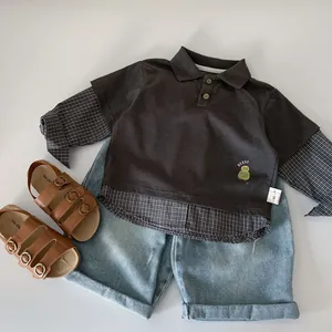 Boys' fake two-piece gray polo shirt with plaid sleeves and denim shorts set
