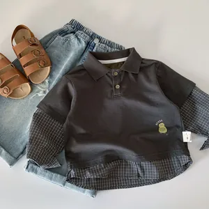 Boys fake two-piece polo sweatshirt in dark grey with plaid hem and cute bird print