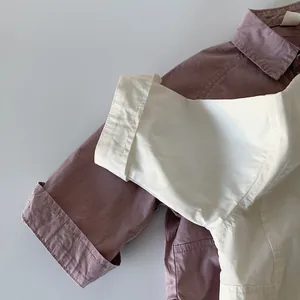 Short sleeve cotton linen boy shirt in purple and off-white with cuffed sleeves