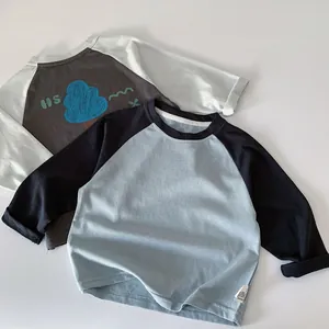 Two-pack boys' raglan sleeve cotton t-shirts with cartoon prints in grey and blue colors