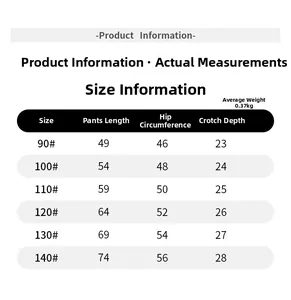 Size chart for boys denim trousers with length, hip, and crotch measurements from 90 to 140