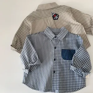 Kids' Korean style patchwork shirts with stripes and plaid patterns in khaki and blue
