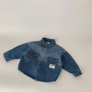 Toddler boys denim shirt jacket with blue white striped patchwork and chest pockets