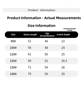 Size chart for children's denim jeans showing length and hip measurements for sizes 90-140