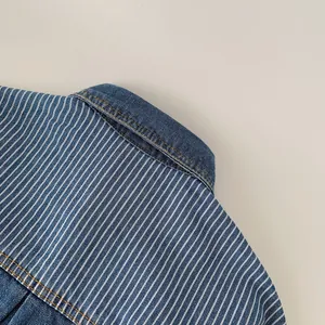 Deep blue denim boy shirt with classic stripes and yellow contrast stitching