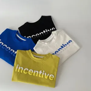 Multi-color kids cotton crewneck long sleeve T-shirts with embossed incentive letters
