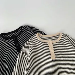 Minimalist boys striped long sleeve henley T-shirts in black and beige cotton blend