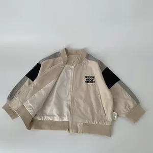 Kids color-block teddy bear baseball jacket with zip-up design and ribbed trims