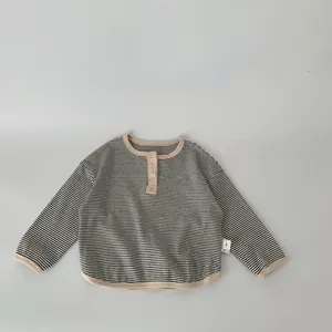 Classic black and white striped long sleeve Henley T-shirt for boys with beige ribbed trim
