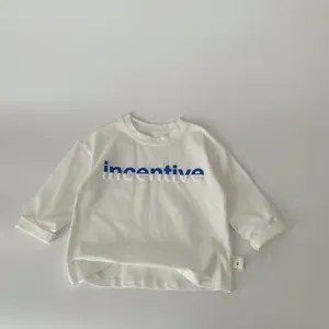 White long-sleeved cotton T-shirt for boys with blue incentive letter print and round neck