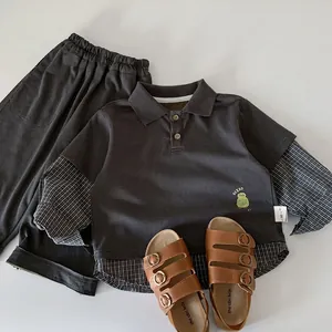 Boys Korean Style Fake Two-Piece Polo Sweatshirt Plaid Splicing Long Sleeve Top Or Casual Sweatpants Kids Autumn Spring Clothing