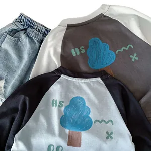 Boys long sleeve raglan t-shirt with cartoon tree print and denim shorts outfit