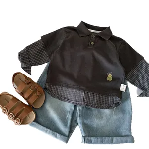 Toddler boys' polo collar layered sweatshirt with denim shorts and sandals set