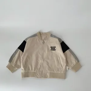Kids color-block baseball jacket in beige and grey with bear studio print detail