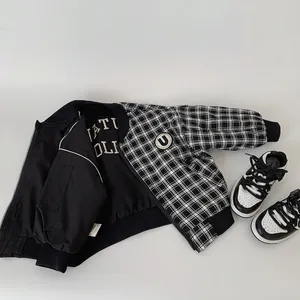 Boys Casual Reversible Bomber Jacket Polyester Cotton Black White Gingham Embroidered Letter Spring Autumn Children Coat