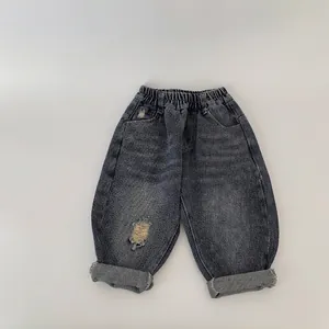 Kids Distressed Denim Jeans Cotton Distressed Ripped Pants Korean Style Elastic Waist Casual Trousers For Boys Girls
