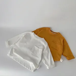 Maglietta a Maniche Lunghe Casual per Bambini 100% Cotone Girocollo Tinta Unita Top Con Tasca sul Petto per Ragazzi Ragazze