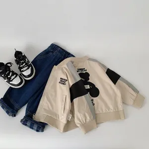 Kids Cartoon Bear Colorblock Jacket Casual Spring Autumn Zip Up Coat For Boys Girls Trendy Patchwork Outerwear
